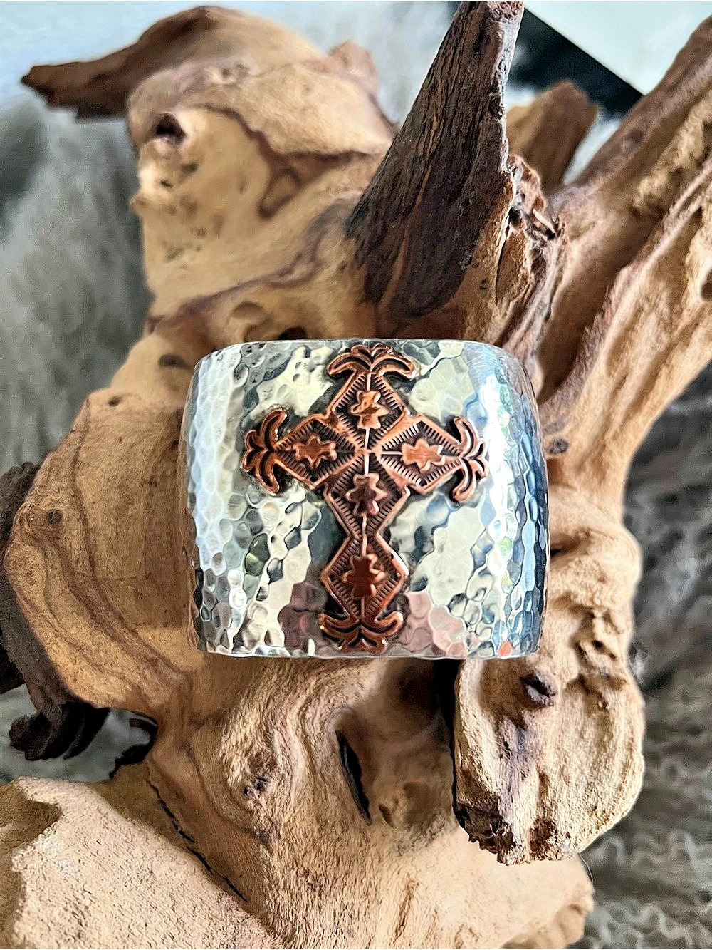Navajo Sterling Silver Hammered Cross Copper Cuff Bracelet by Douglas Etsitty